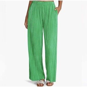 Steve Madden Addy Plisse Green Pleated Wide Leg Pants Elastic Waist L